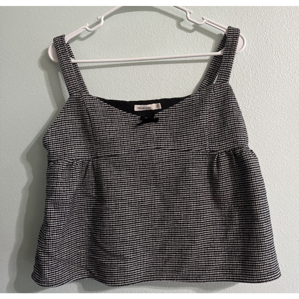 Vintage Y2K Hhhvooo Womens XL Black/White Lined Crop‎ Smocked Babydoll tank